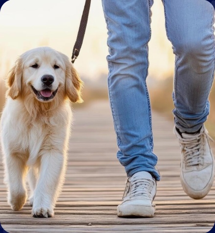 Sitter walking a golden retriever